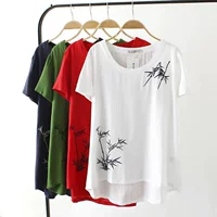 Phiên bản mới của Hàn Quốc của phân bón cộng với XL nữ thời trang chất béo cotton và vải lanh thêu áo thun mỏng tay ngắn áo khoác len nữ