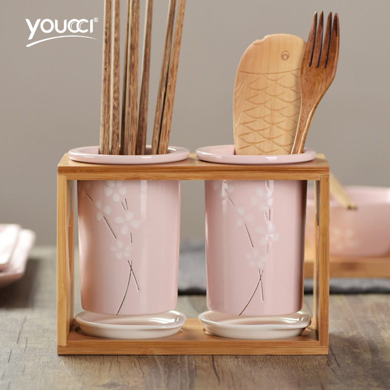 Household chopsticks tube Japanese cherry blossom put kitchen tableware ceramics single chopsticks chopsticks box chopsticks basket cage drop chopsticks box