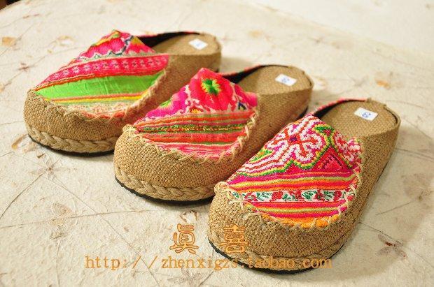 Thai characteristics hand-embroidered hemp edge sandals famous folk antique home ladies slippers composite bottom waterproof, slippery and wear-resistant