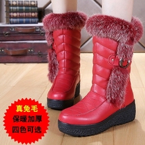 2022 Winter new slopes heel warm thickened midcylinder boots genuine leather hair wool boots anti-slip muffin heel snowy boots