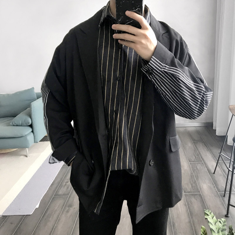 雀斑男装 上身超赞的 前后拼接拼条纹宽松休闲西装