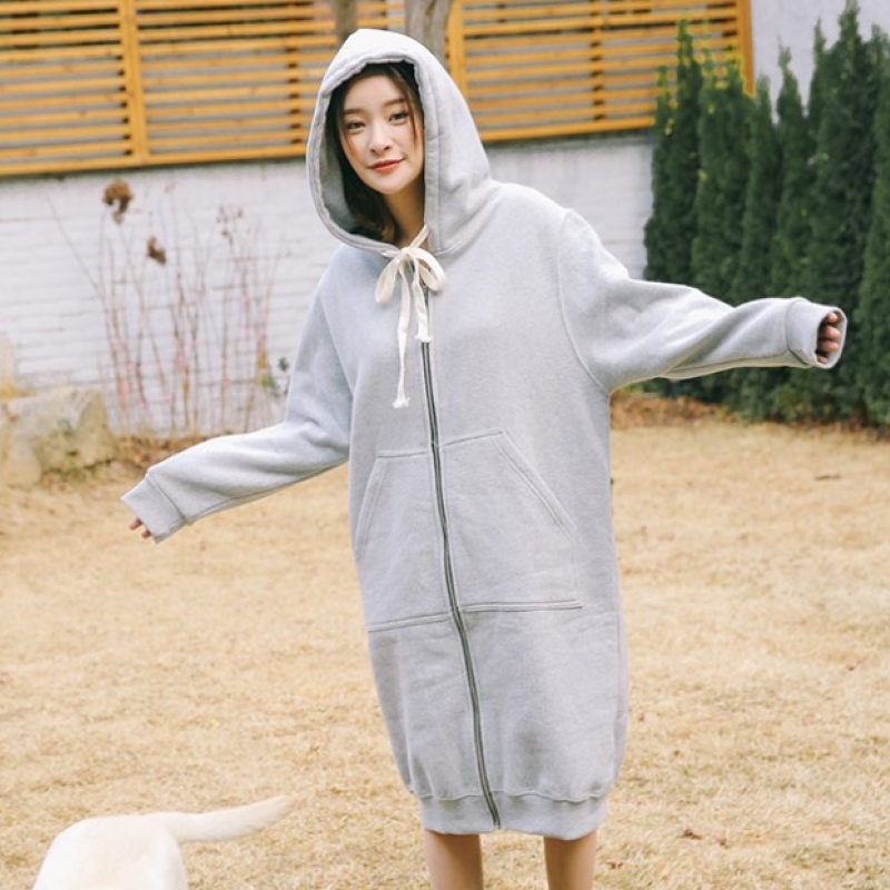 韩国stylenanda官方正品 休闲款对称口袋连帽拉链长外套-灰色