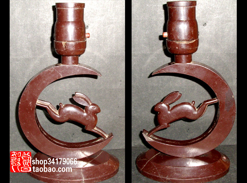 (Old Objects Decoration Craft Gift Hem) pseudo Manchuria State Electric Wood Double Fire Crescent Jade Rabbit Old Table lamp