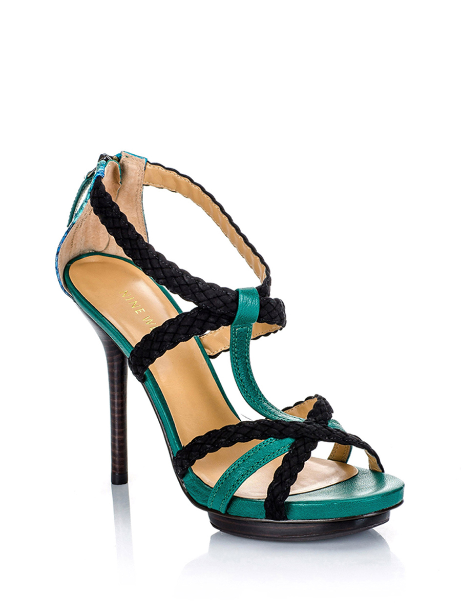 Nine West/玖熙 绿黑编织丁字鞋面高跟鞋