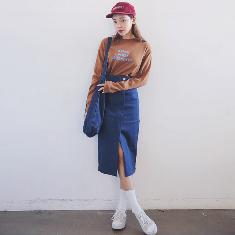 韩国stylenanda官方正品 百搭款配色字母圆领针织衫-棕色