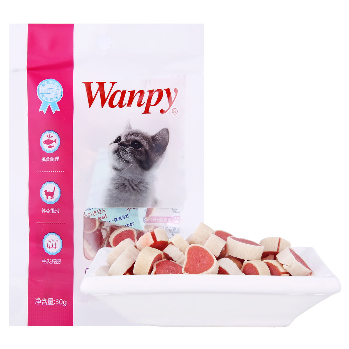 波奇网 顽皮Wanpy猫寿司30g零食肉条肉干鳕鱼鸡肉三明治宠物食品