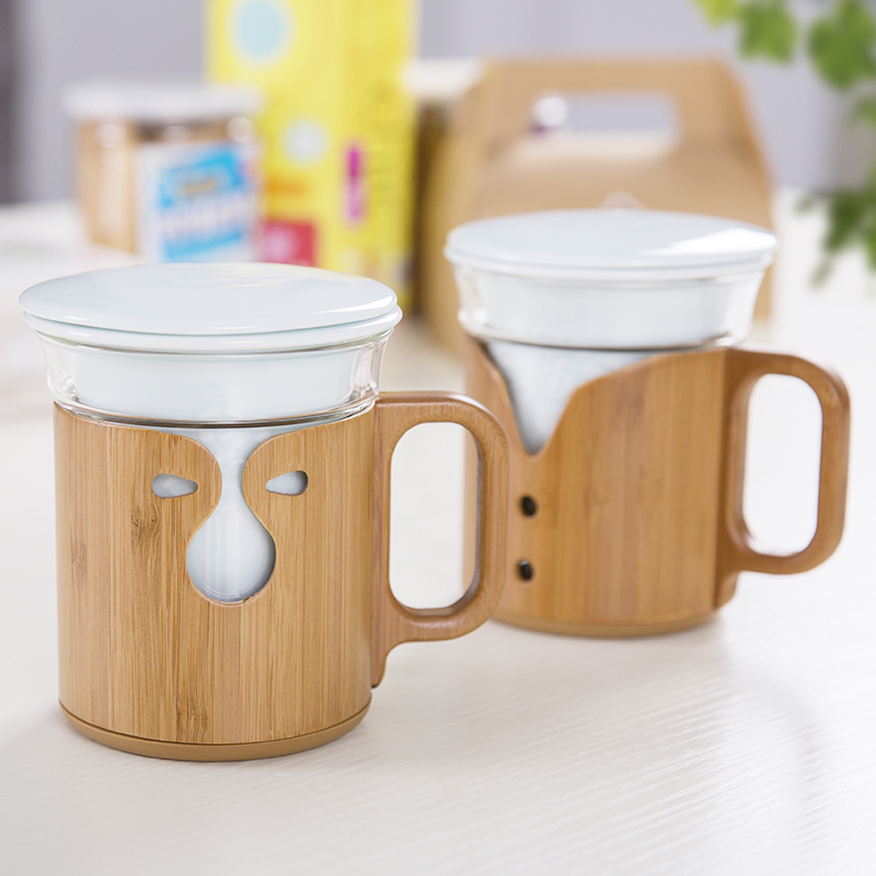 Auspicious blessing bamboo take a cup of glass filter with cover office personal ceramic cups bladder glass art works