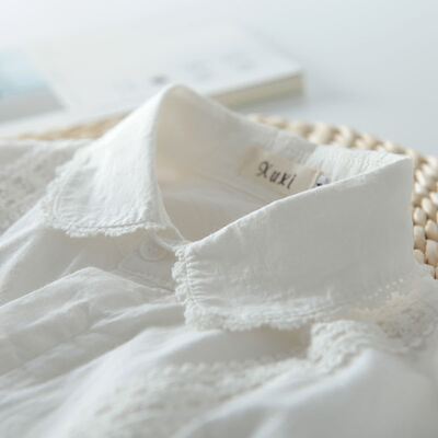 Spring new women's shirt long-sleeved all-cotton lace solid color sweet Japanese-style fresh white shirt for women