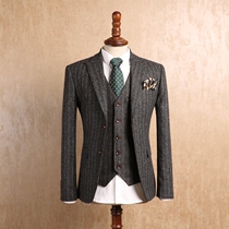 IsirHonour retro gentleman dark gray red and white vertical stripes slim suit British Korean version of autumn and winter suit men