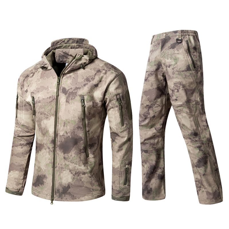 Sharkskin Softshell Jacket and Pants Set, Two-Piece Winter Outdoor Warm Camouflage Hiking Suit, Thickened and Fleece-Lined