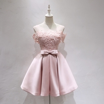 Pink Short Bridesmaid Dress Sisters Group Annual Meeting Party Dress Word For Shoulder Lace Birthday Party Wedding Evening Gown