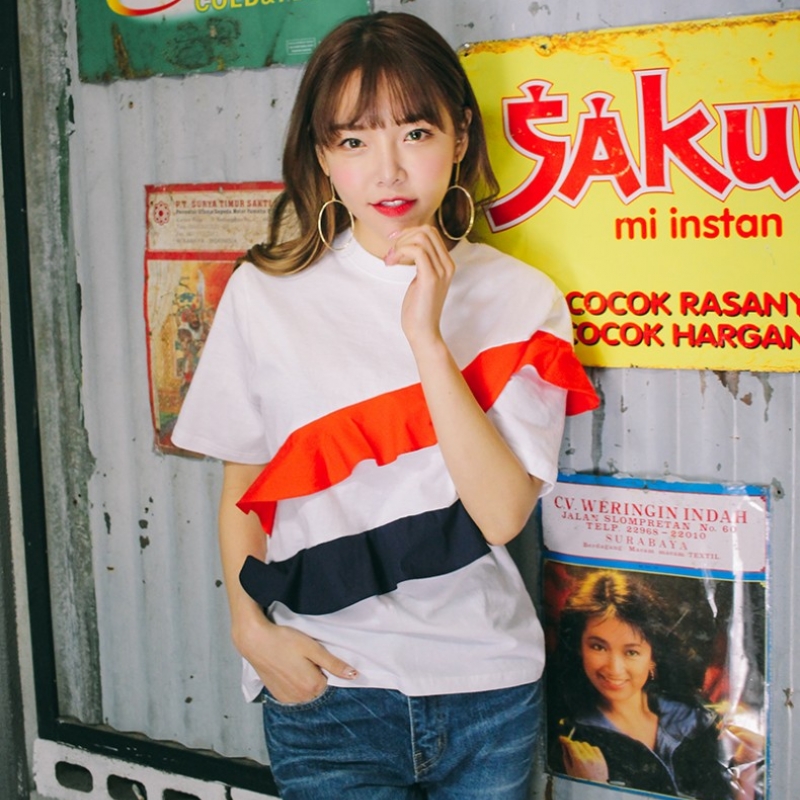 韩国stylenanda官方正品 配色荷叶边点缀短袖T恤-白色