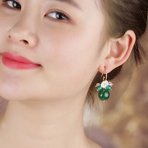 National Wind Earrings Girl Short Green Agate Flowers Little Fresh Earrings Pendant Temperament 100 Hitch Retro Accessories Refined Ornament