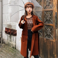 Real shot 2018 thu đông mới thời trang Hàn Quốc thắt lưng trùm đầu áo len dài tay áo vest dạ nữ