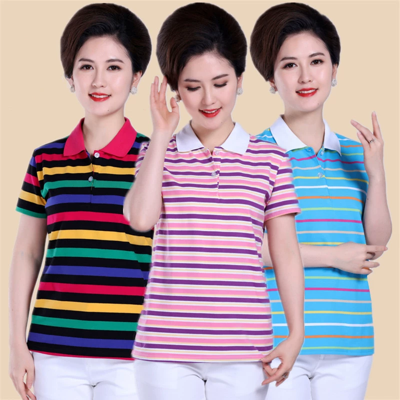 Áo thun nữ ngắn tay sọc cotton mùa hè cho bà mẹ trung niên, mẹ mặc ve áo kết hợp với áo sơ mi có đáy cho người béo, áo thun cotton - Áo phông