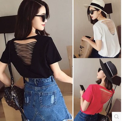 2019 mùa hè mới sexy hở lưng phụ nữ áo thun cotton lỏng cổ tròn lỗ kích thước lớn đáy áo sơ mi - Áo phông