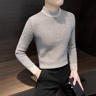 Thickened chenille sweater for men in winter new style high w-level striped Korean version half high collar casual knitted base