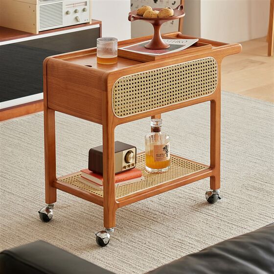 
Retro Japanese trolley solid wood rattan woven edge table movable living room sofa storage internet celebrity small side cabinet