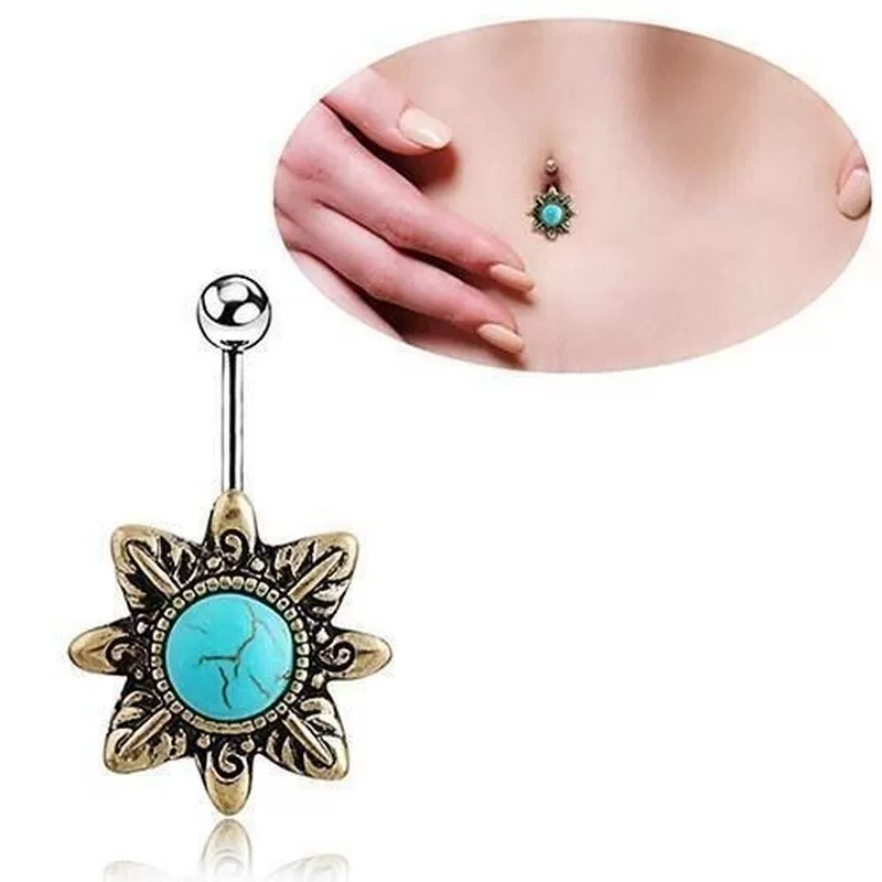 [bluelans retro natural turquoise belly button navel bar ring]