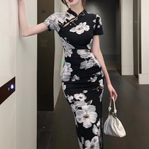 2023 retro national trend printed improved cheongsam high slit daily hip-covering pleated waist mid-length dress