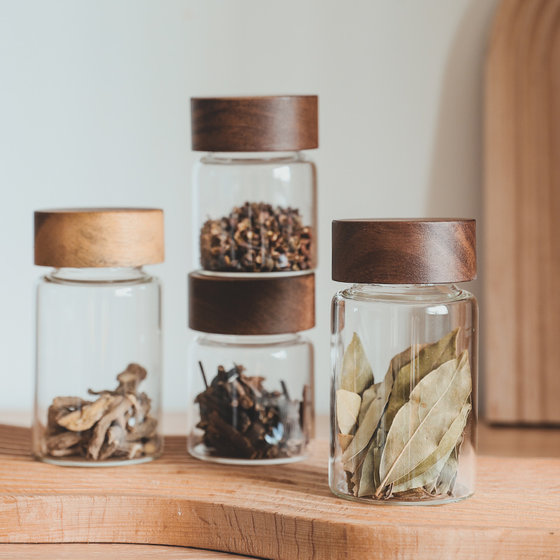 压旋盖螺纹密封罐咖啡豆保存罐相思木盖玻璃瓶储物罐杂粮收纳罐