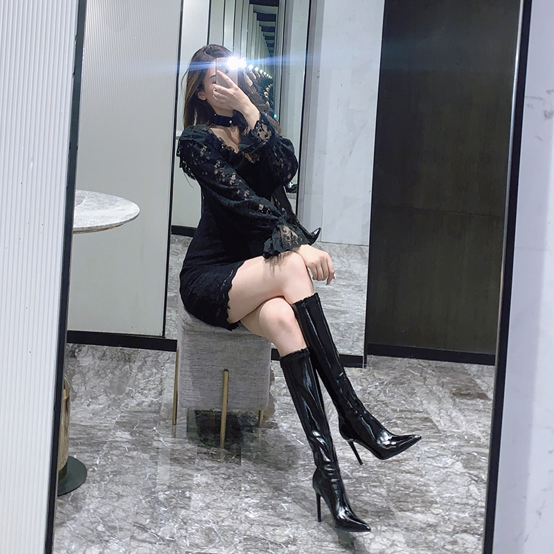 High-Top Black Boots for Women 2022 New Autumn and Winter High-Heeled Shoes Stiletto Mid-Calf Boots Pointed Toe Slim Long Boots