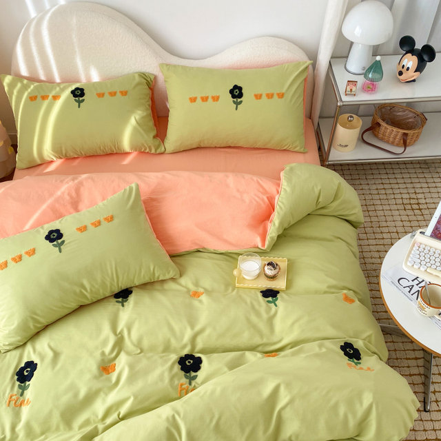Cartoon solid color wash cotton four-piece set cotton bedding children's L quilt cover bed sheets and bed fittings three-piece set