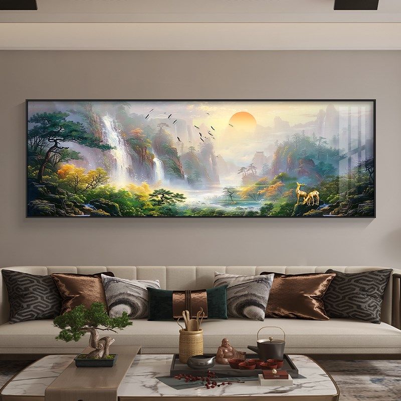 新中式聚宝盆客厅装饰画流水生财办公室壁画灯山水沙发背景墙挂.-Taobao