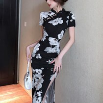 2023 retro national trend printed improved cheongsam high slit D fork daily hip-covering pleated waist mid-length jumpsuit