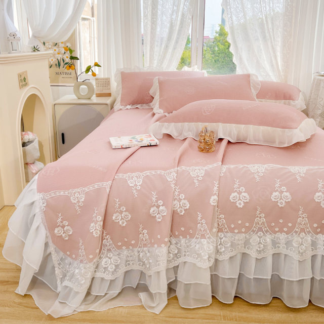 Class A marine silk bed cover ice silk cool p mat three-piece set bed skirt for summer machine washing air conditioning mat lace bed sheet