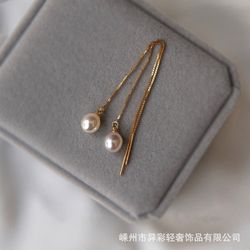 일일 기본 스타일 Tianh는 강한 조명 미터 모양의 담수 진주 귀걸이 925 실버 금 도금 귀 케이블 간단하고 다재다능합니다.