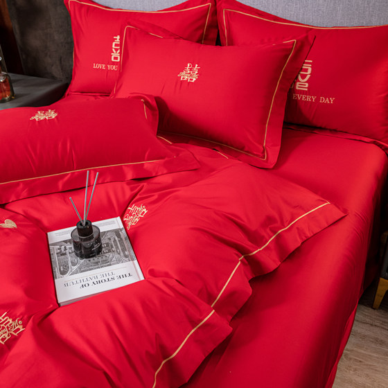 
Wedding four-piece set wedding simple pure cotton new t-wedding big red embroidered quilt cover bedding festive wedding long