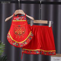 Five poisonous bellies baby pure cotton red children sleeping on the belly end of the afternoon L Festival Baby clothes suit Summer thin