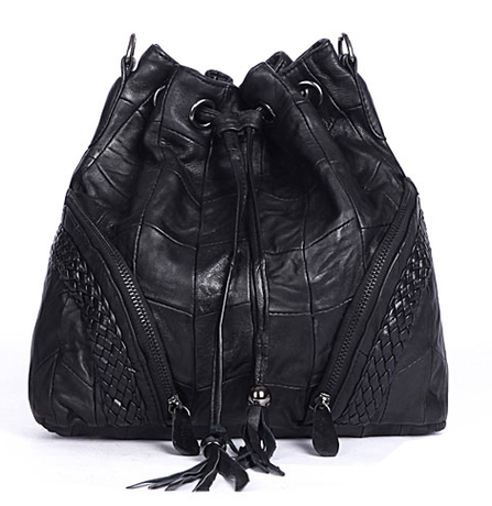 新款 欧美拼接羊皮时尚女包 编织流苏水桶包真