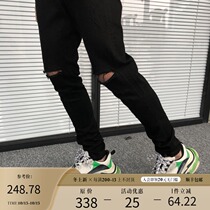 BONELESS washed old knee broken jeans men black knife cut trousers High Street summer slim stretch