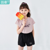Yinman childrens clothing girls up and down 2 pieces set 2021 spring and summer new children Sports Leisure Short Sleeve T shorts set