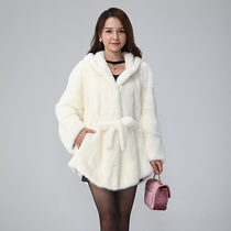 2021 new mink coat womens whole mink medium long hooded fashion imported mink coat fur waist slim