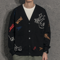 Yiyi embroidery graffiti heavy knitted cardigan mens coat national tide loose knitwear spring and autumn Korean trend sweater