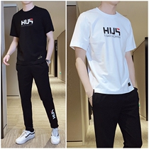 Leisure sports suit mens summer new trend short sleeve T-shirt mens Korean version of handsome Tide brand clothes a set of tide