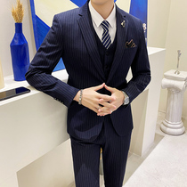 Striped suit suit suit mens fashion slim suit three-piece youth trend Korean handsome groom wedding dress