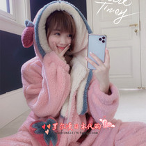 Japan Soft Honey Sleeping Suit Womens Autumn Winter Cute Strawberry Tandem Hat Sleeping Gown Warm Home Clothing