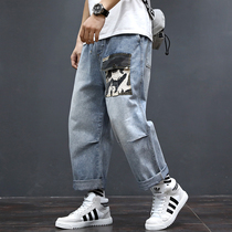 Nine-point pants 2021 spring casual sports jeans mens loose large size straight pants Korean version of the trend mens pants