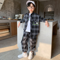 Chinese childrens workwear suit Spring and Autumn 6 boys grinding shirt coat 8 handsome plaid 13-year-old boy casual set