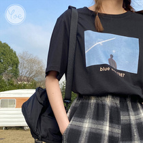 yoe sky photo printing creative features ins Wind slim round neck Korean tide T-shirt female spring summer new 2021