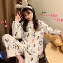Pajamas Woman Autumn Winter Plus Suede Thickened Coral Suede Long Sleeves Two Suits Can Outwear Rabbit Flannel Suede Household Clothes