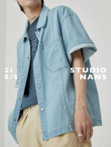 (NANS) Profiled Pocket Segmentation Design Soft Profile 50% Sleeves Denim Shirt DENNIM SHIRT
