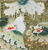 Famous Jin Hongjun style fine pen Flower and Bird (124) Chinese painting lotus egret calligraphy painting four foot bucket