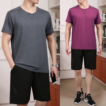 2022 Summer New Speed Dry Middle Aged Sports Suit Mens Dad Short Sleeve Shorts Loose Round Collar Casual Clothes
