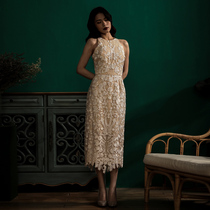 Cecia summer New embroidery lace sleeveless backless elegant retro Hepburn dress banquet socialite party Medium-length dress