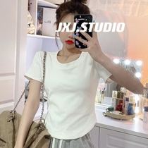 Fast Shijing Xiaojing studio brief about 100 lap pure color apricot short sleeve T-shirt with undershirt t for summer dress pure color blouse